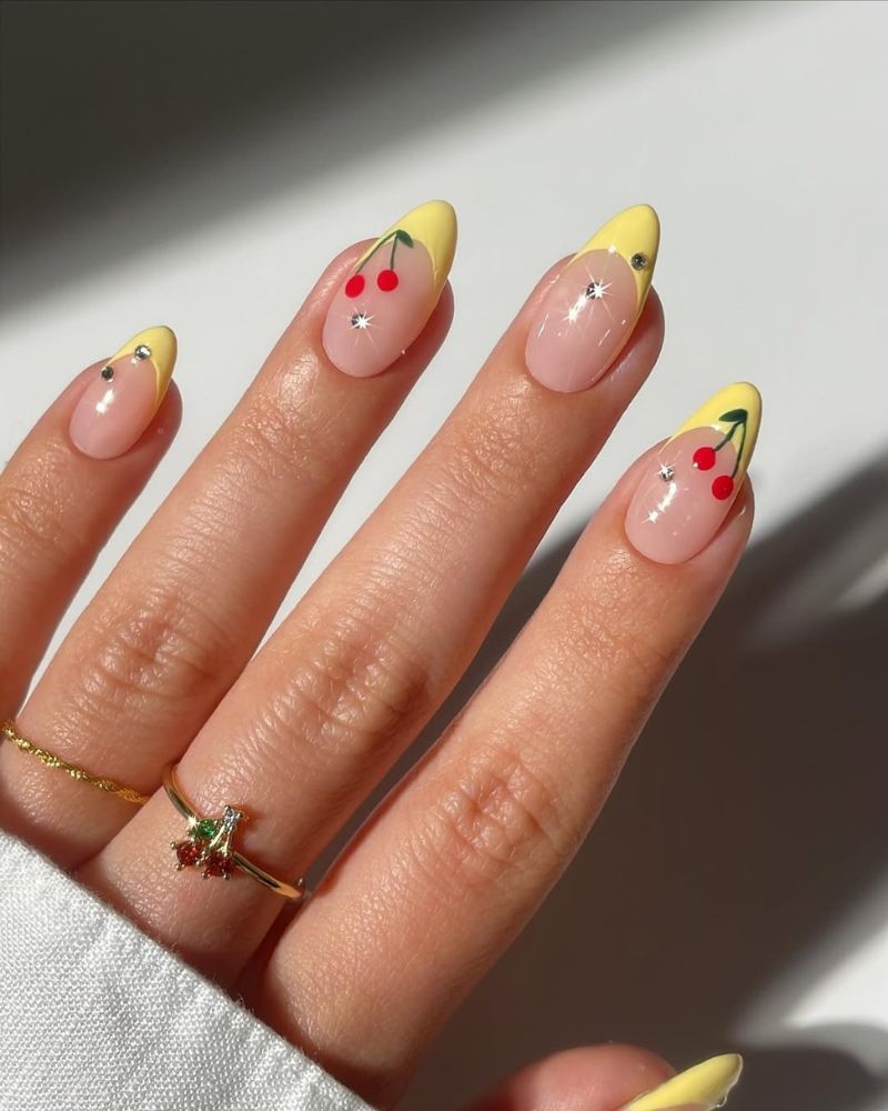 yellow nails, french nails, cherry nail art
