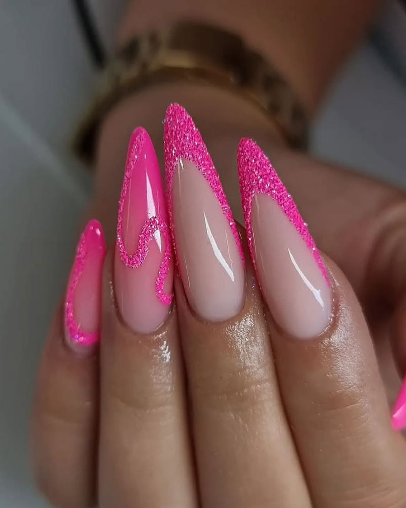 stiletto pink nails, pink sparkly nails