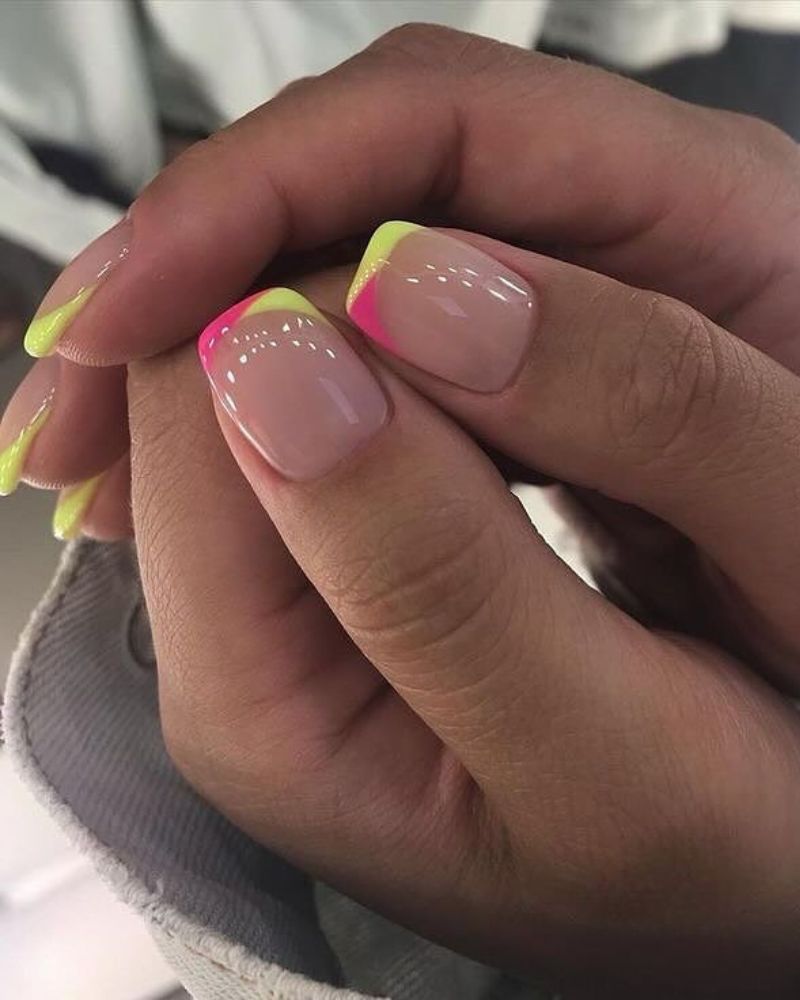 pink and neon green nails, short nails
