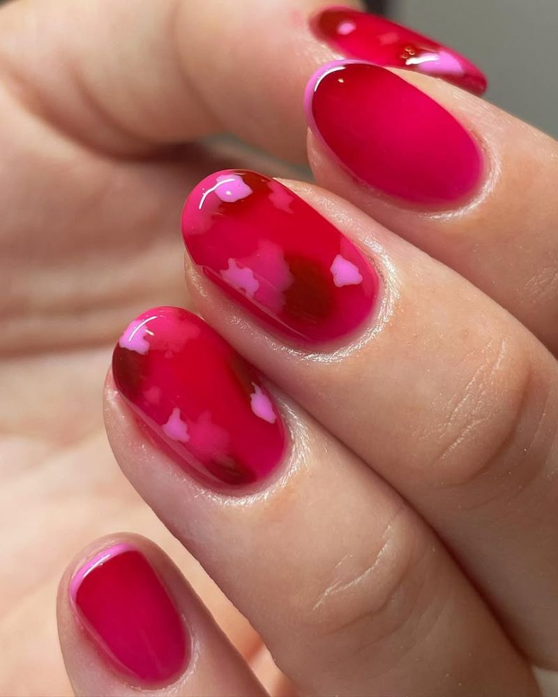 hot pink nails with design, short nails