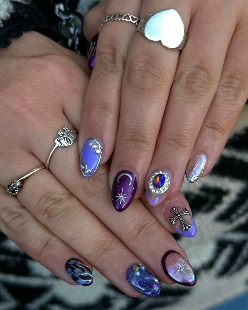 purple nail art, mystic nails, witchy nails