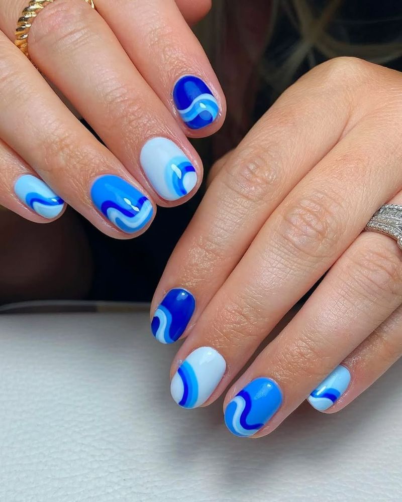 blue nails, ocean nails, swirly nail art