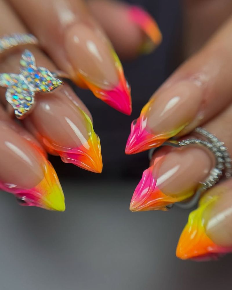 neon french nails, stiletto nails