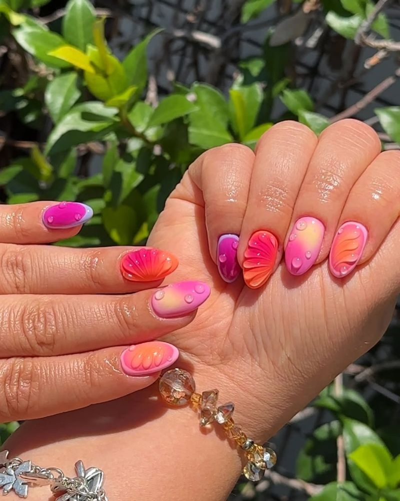 bright summer nail art, pink summer nails, orange nail art
