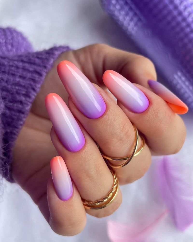 purple and orange nails, long summer nails