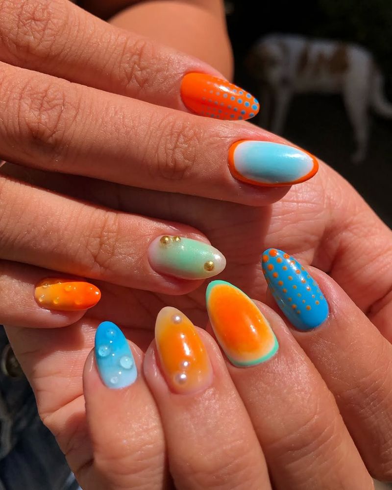 orange nail art, blue nail art, bright summer nails