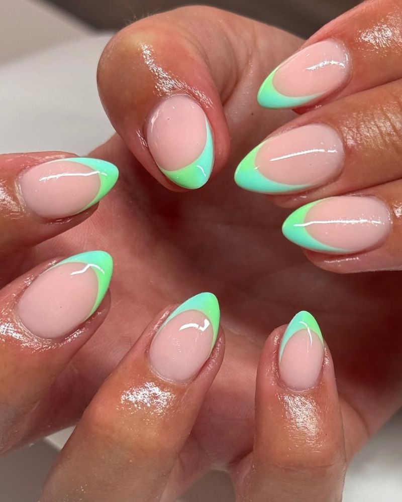 colorful french tip nails, mint green nails