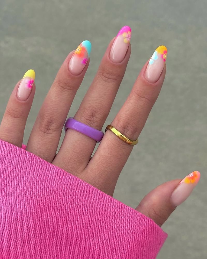 colorful french tip nails, flower nail art