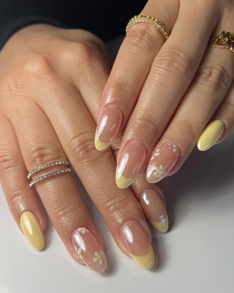 yellow french nails, flower nail art, chrome yellow nails
