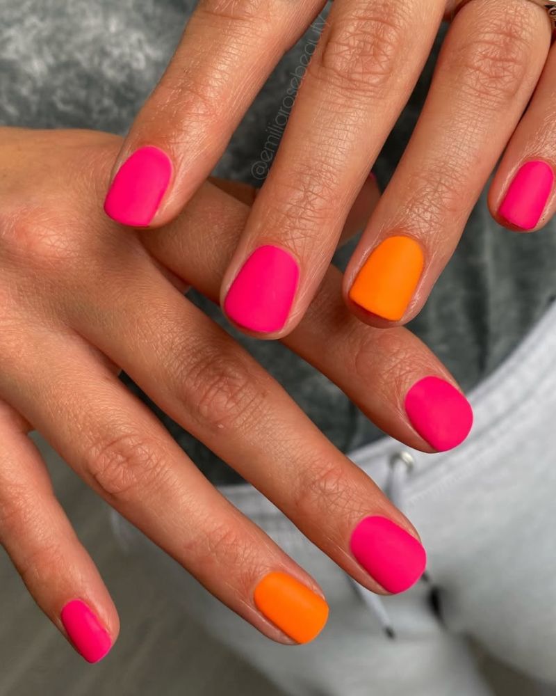 pink and orange nails, matte neon nails