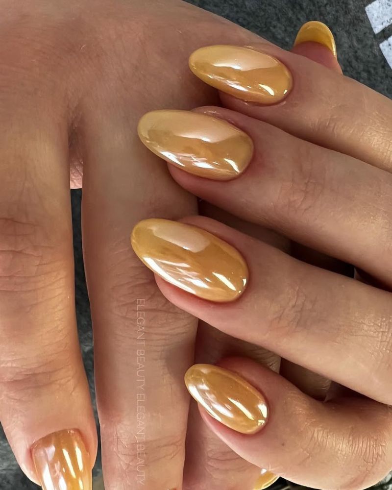 mustard yellow nails, chrome yellow nails