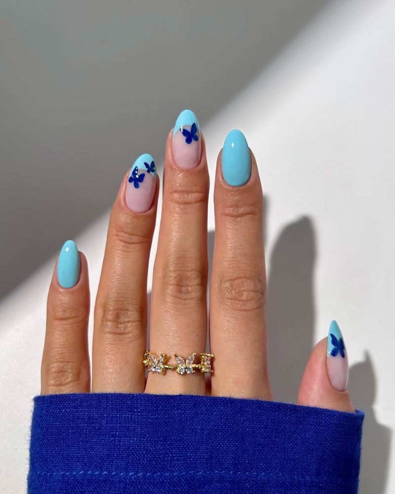 summer blue nails, butterfly nail art, classy summer nails