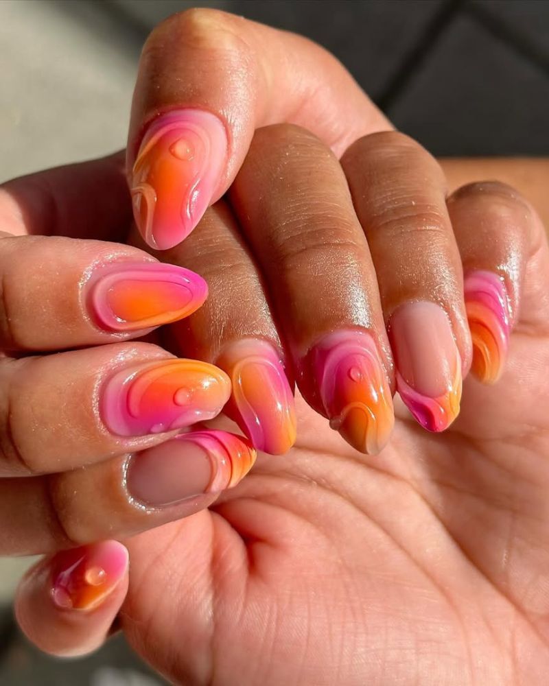 pink and orange nail designs, simple summer nails, 3d nail art