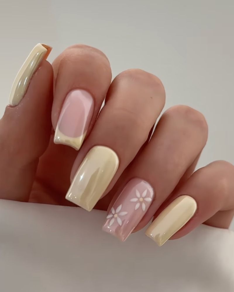 square nails, light yellow nails, classy spring nails