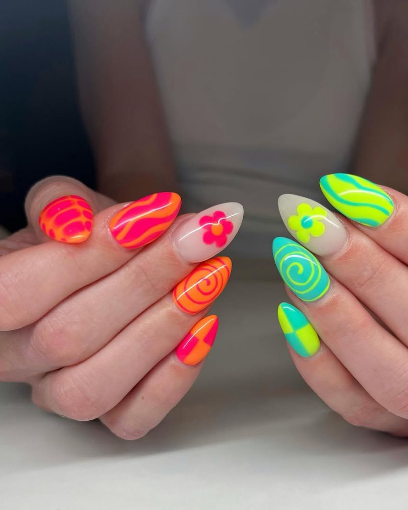 neon bright summer nails, pink and orange nails, neon green nails