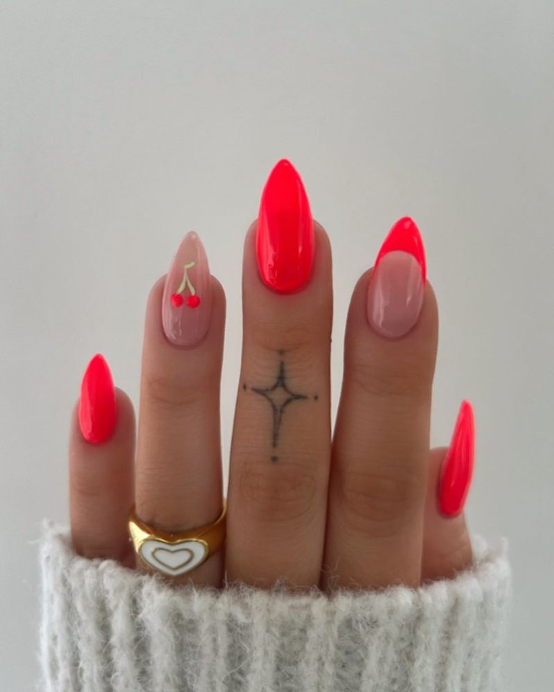 hot orange nails, neon orange nails, stiletto summer nails
