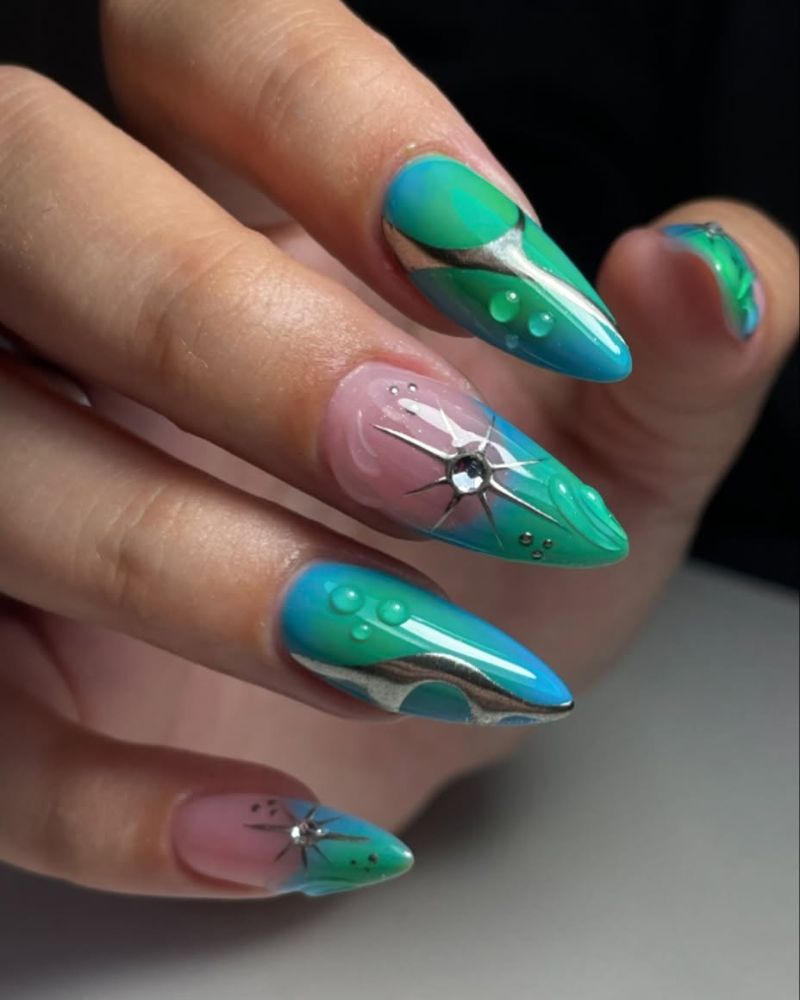 blue and green nails, stiletto nails, summer nails
