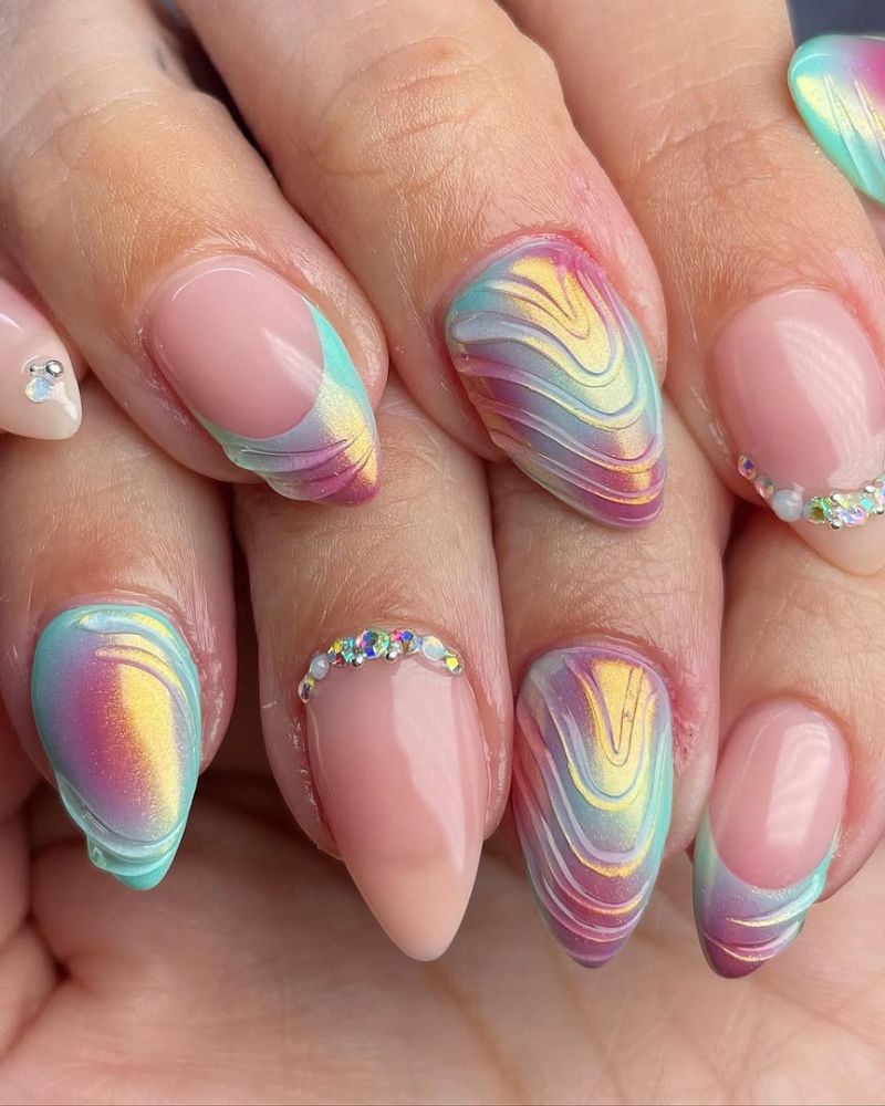 shimmery nails, classy summer nails, pink and blue nails