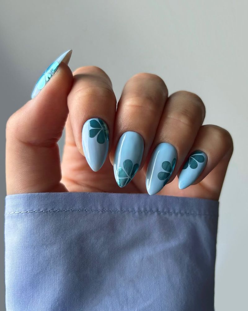 stiletto nails, blue nails, flower nail art