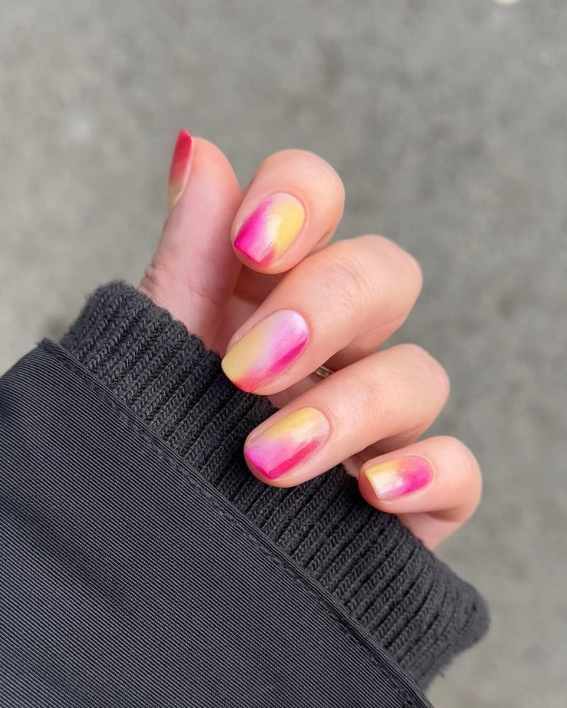 ombre summer nails, pink and yellow nails, short summer nails
