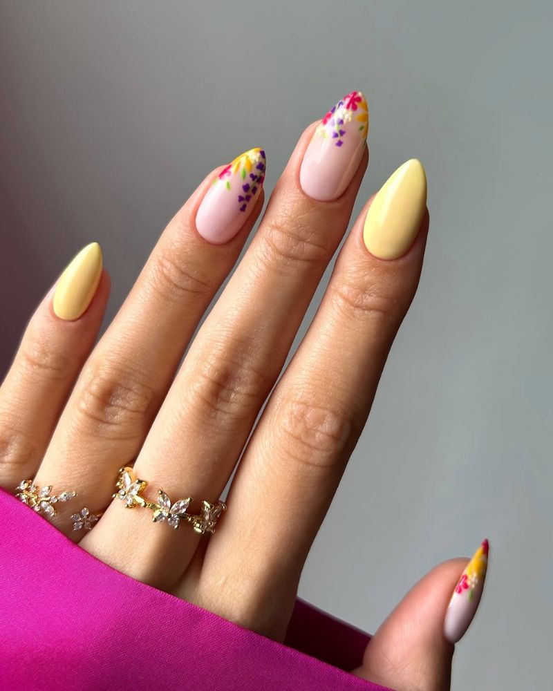 yellow nail art, floral nail art, stiletto nails