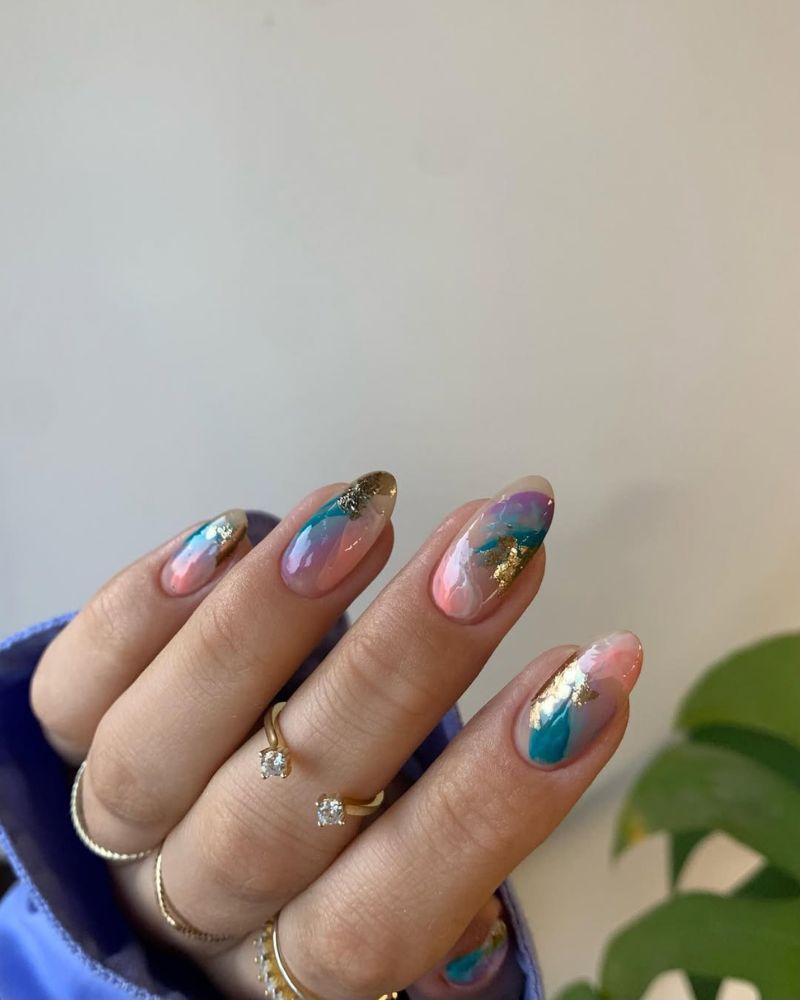 abstract marble nails, colorful summer nails