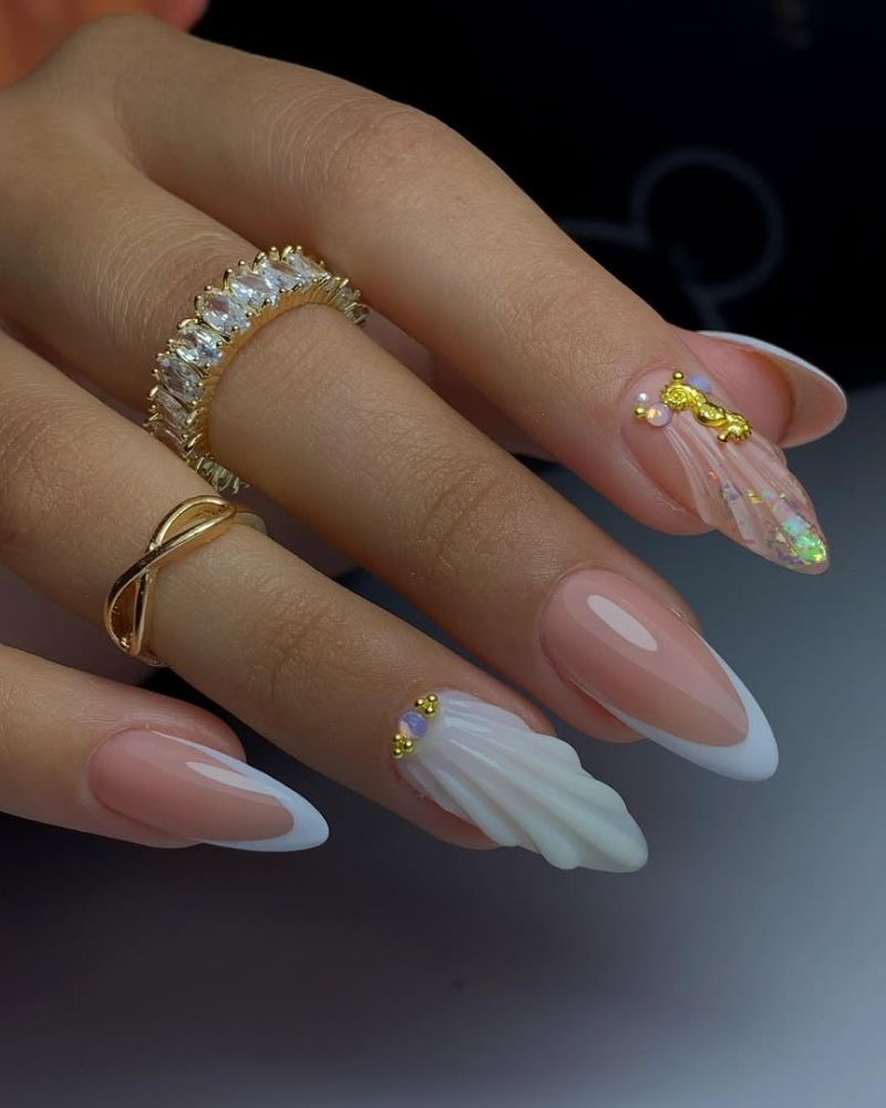 classy summer nails, shell nail art, 3d nail art