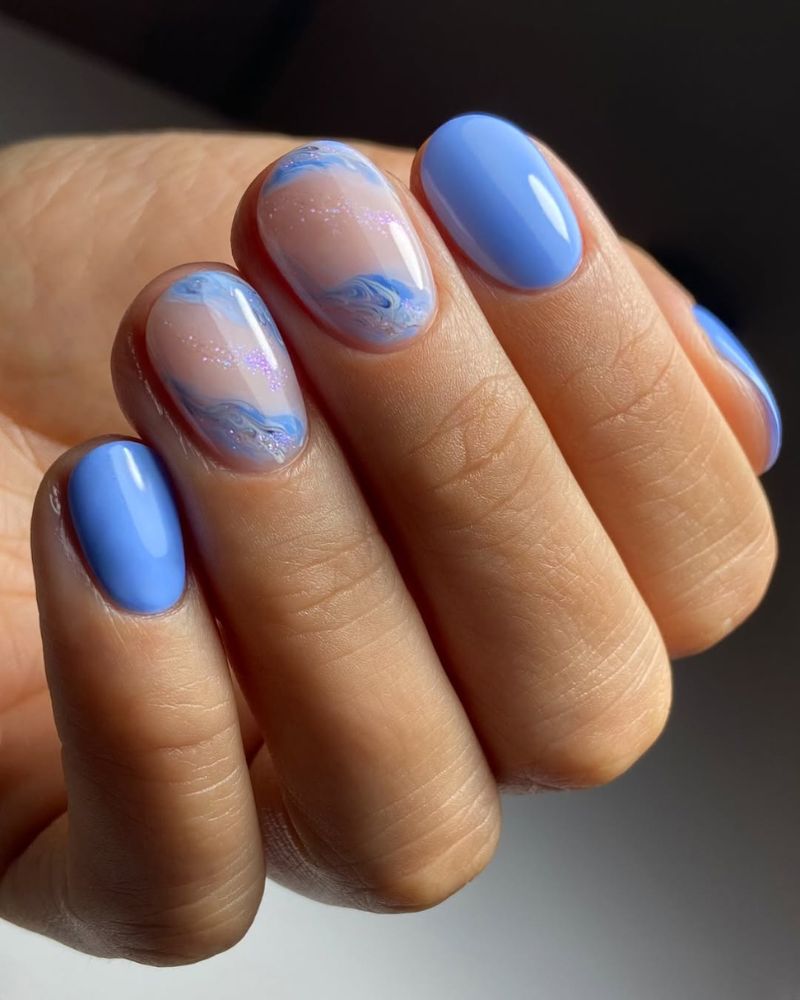 short blue nails, marble nail art