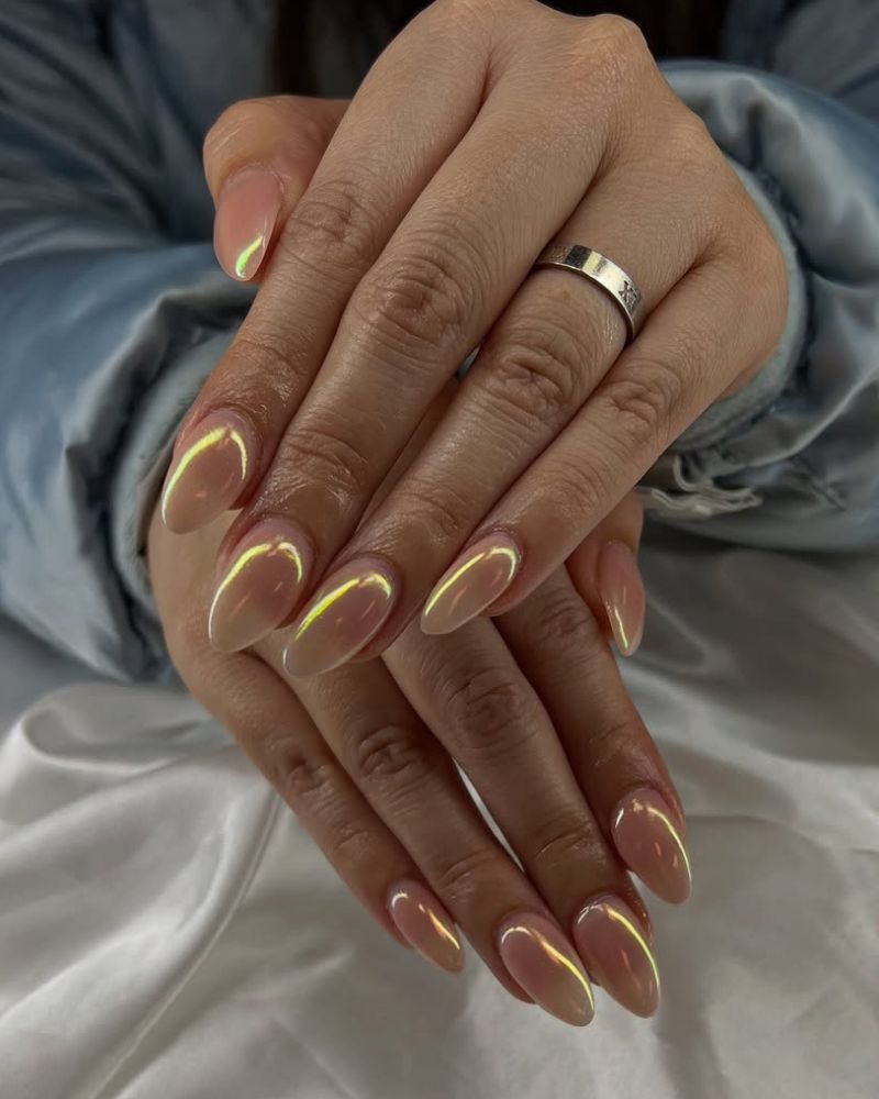 gold chrome nails, simple nails, nude nails