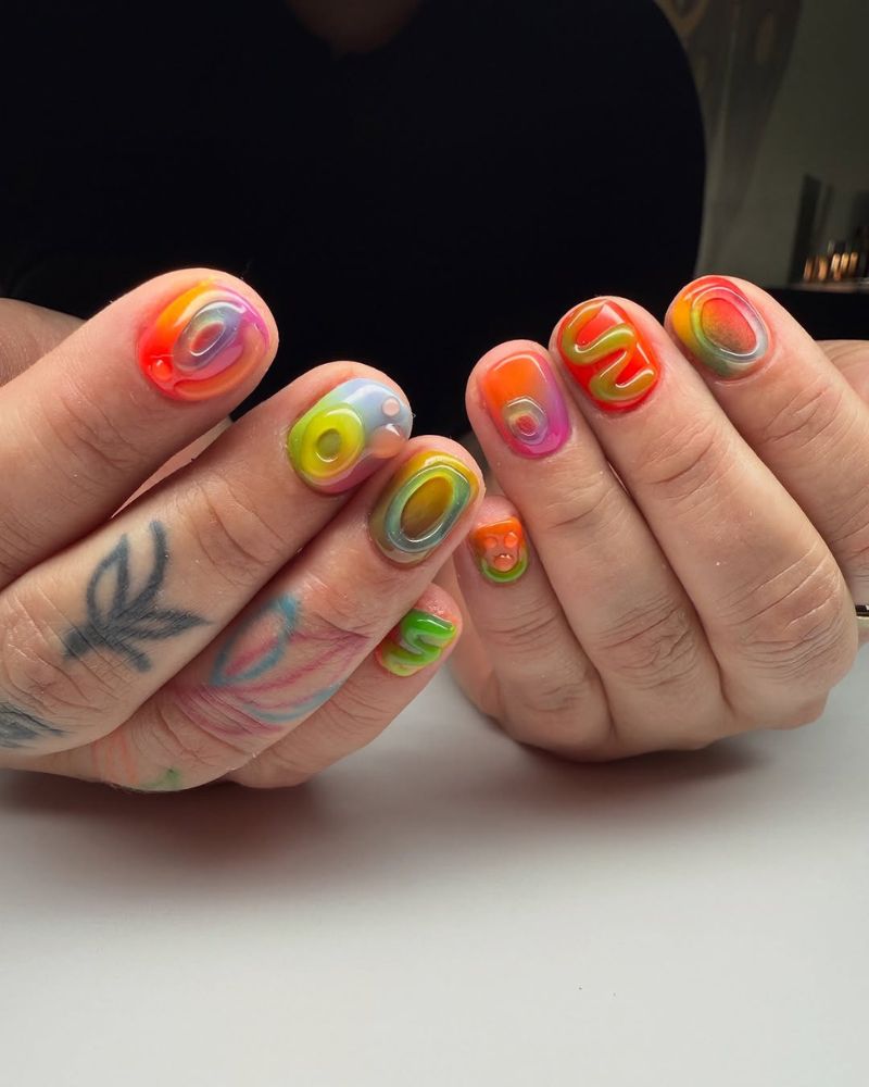 short summer nails, bright summer nail art, 3d nail art