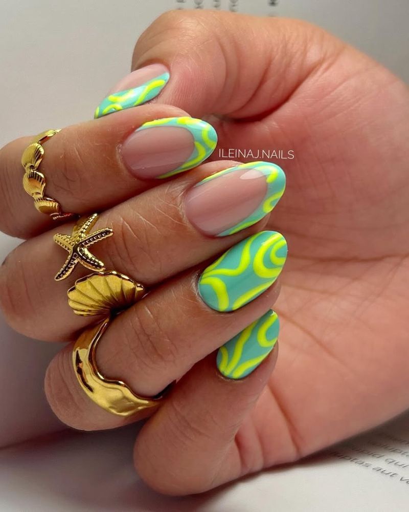 neon nail art, neon green swirls