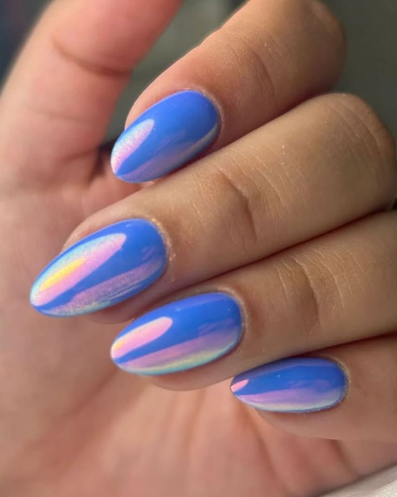 blue nails, chrome nails, summer nails