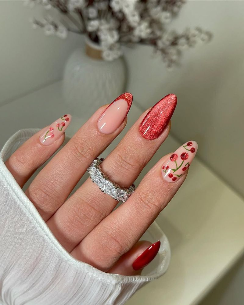 cherry nail art, red cat eye nails, simple summer nails