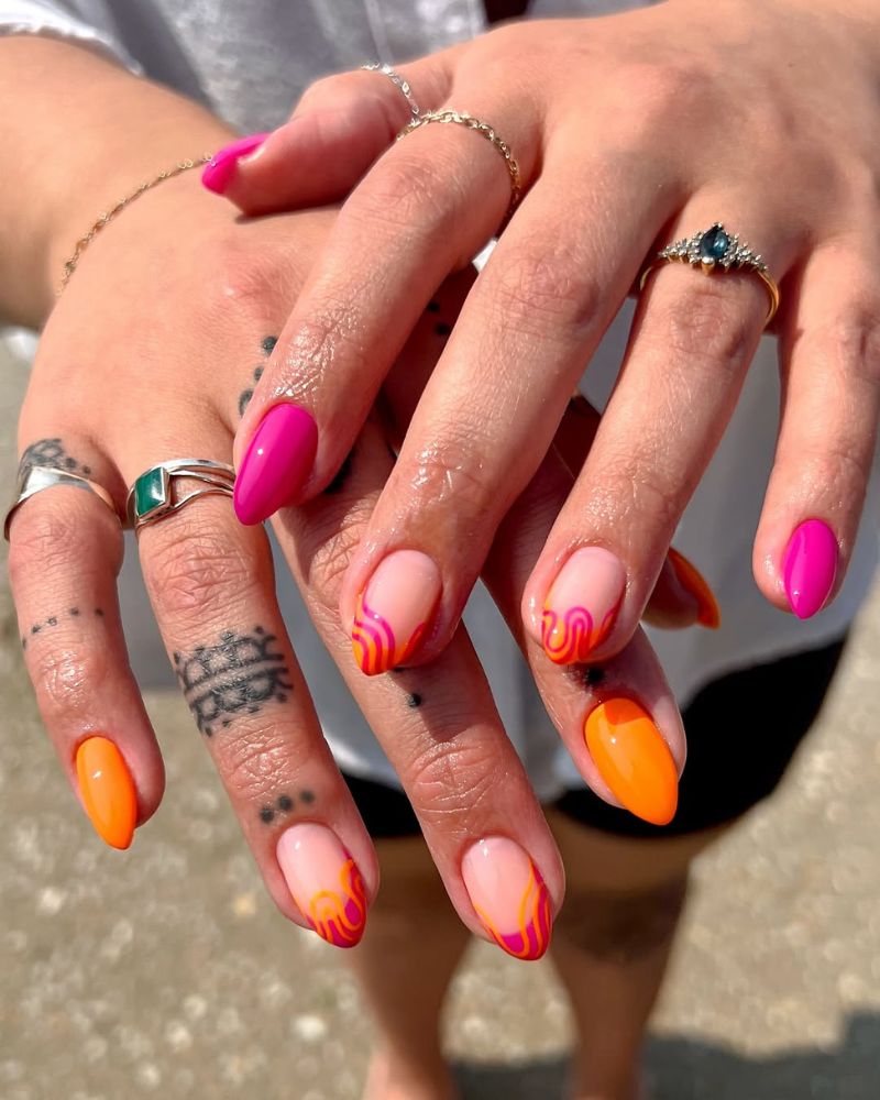pink and orange summer nails, classy summer nails