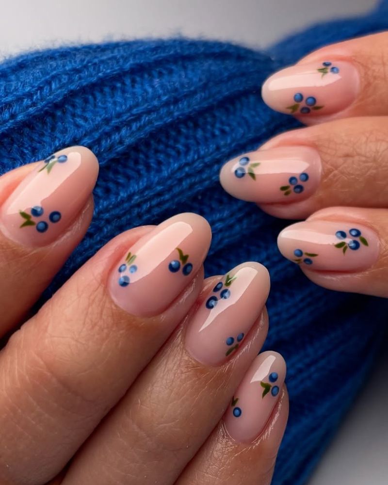 blueberry nail art, nude nails, cute spring nails