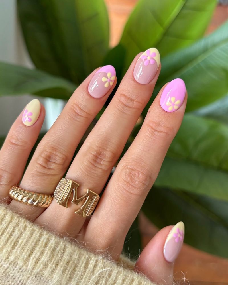 pink and yellow nails, summer nails, short nails
