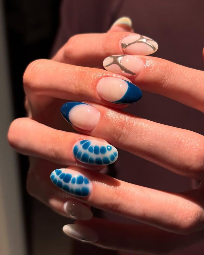 blue summer nails, french nails, blue and silver nails