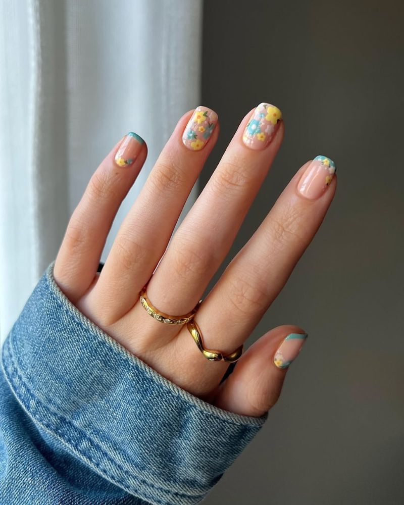 summer french nails, floral nail art