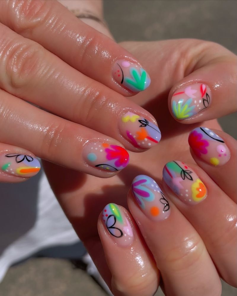 july nails, abstract nail art, colorful summer nails