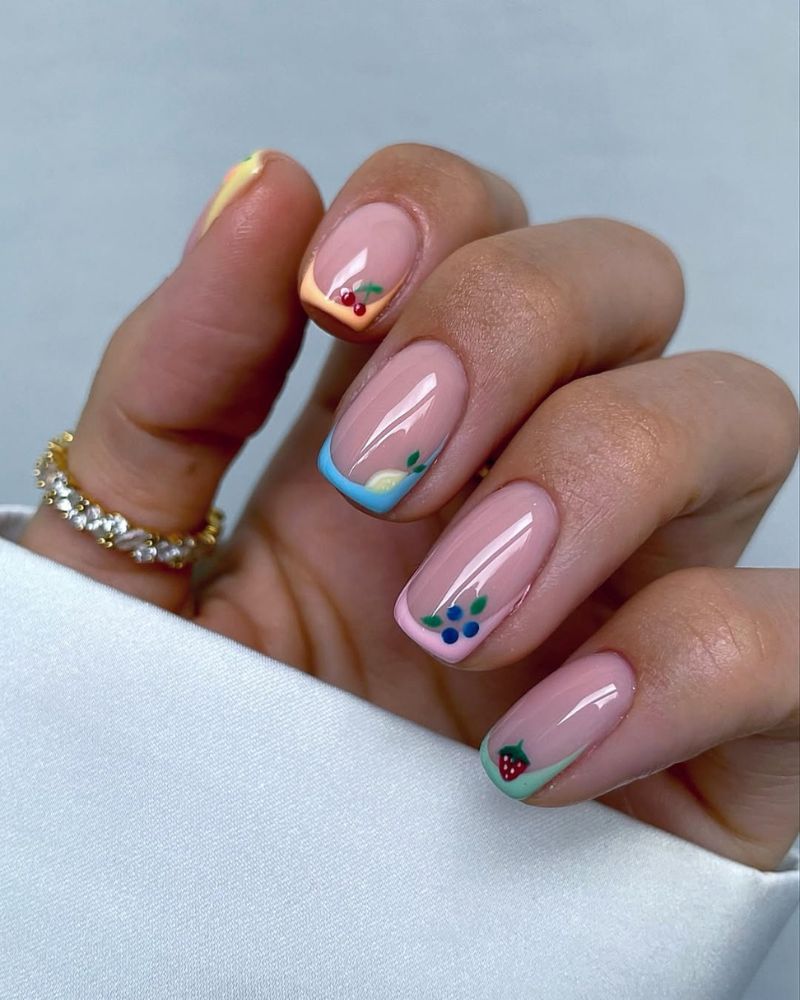 colorful french tip nails, fruit nail art