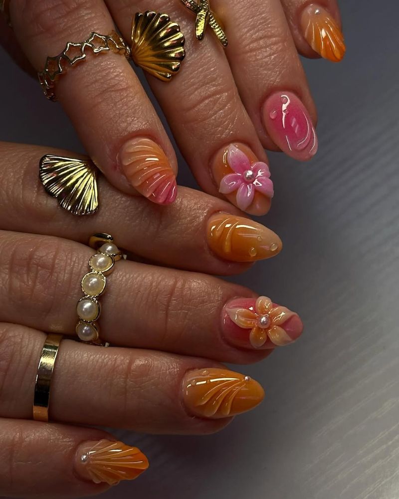 pink and orange nails, short summer nails