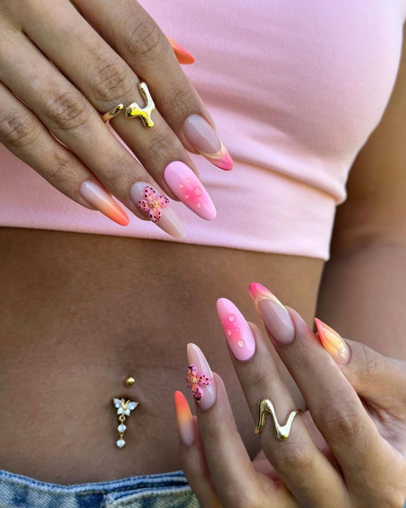 june nails, pink and orange nails