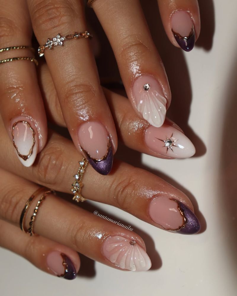 purple and milky white nail art on a nude base