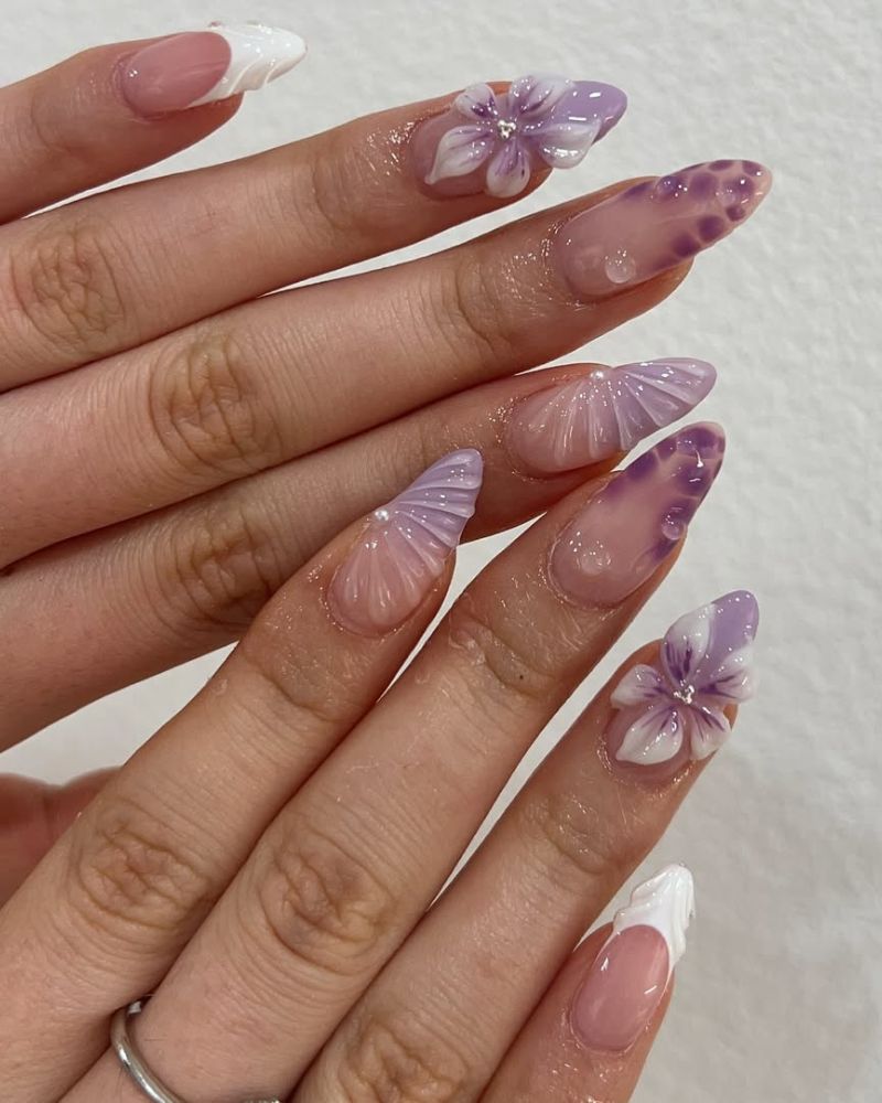 lavender nail design with floral nail art