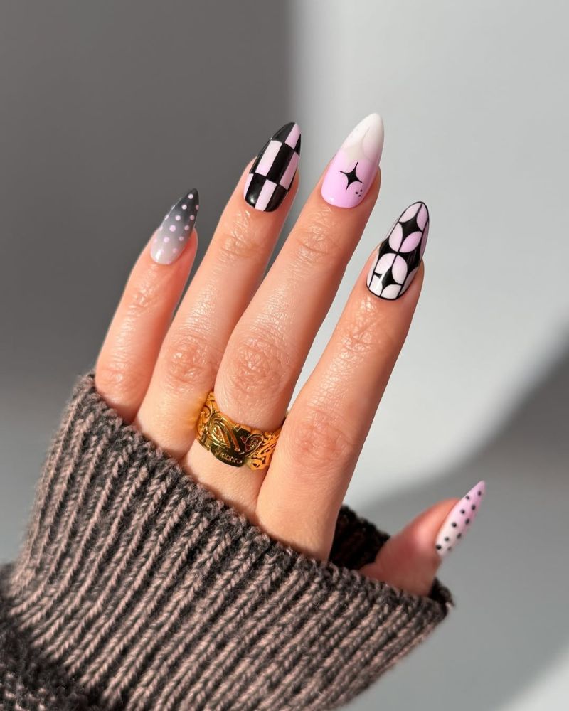 retro lavender and black nail art designs