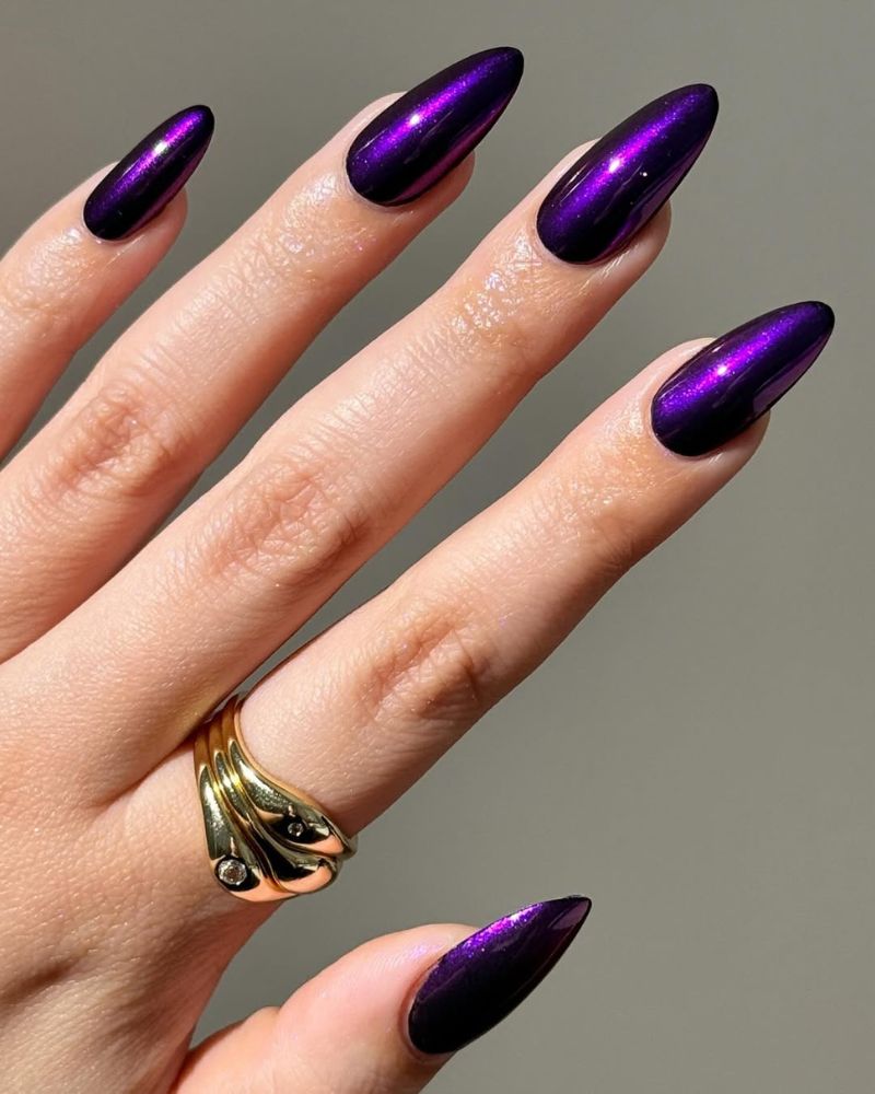 simple black purple nails with violet chrome finish