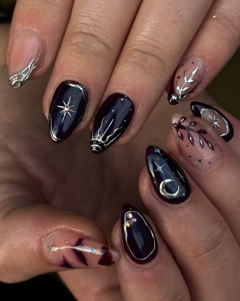 black purple nails with silver nail art