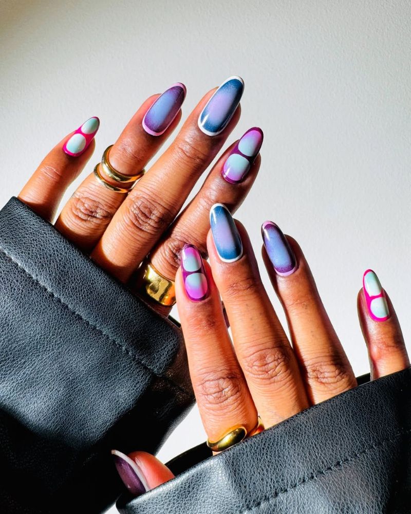 lavender aura nail design on round shape