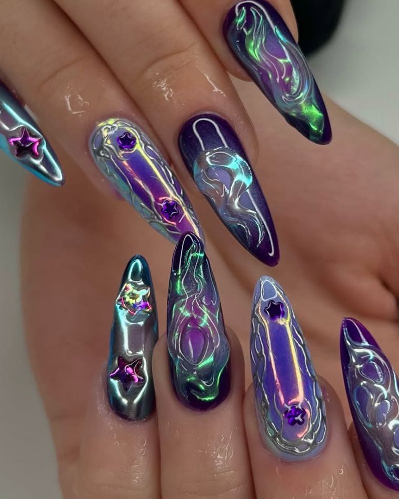 fun purple nails with long almond nails