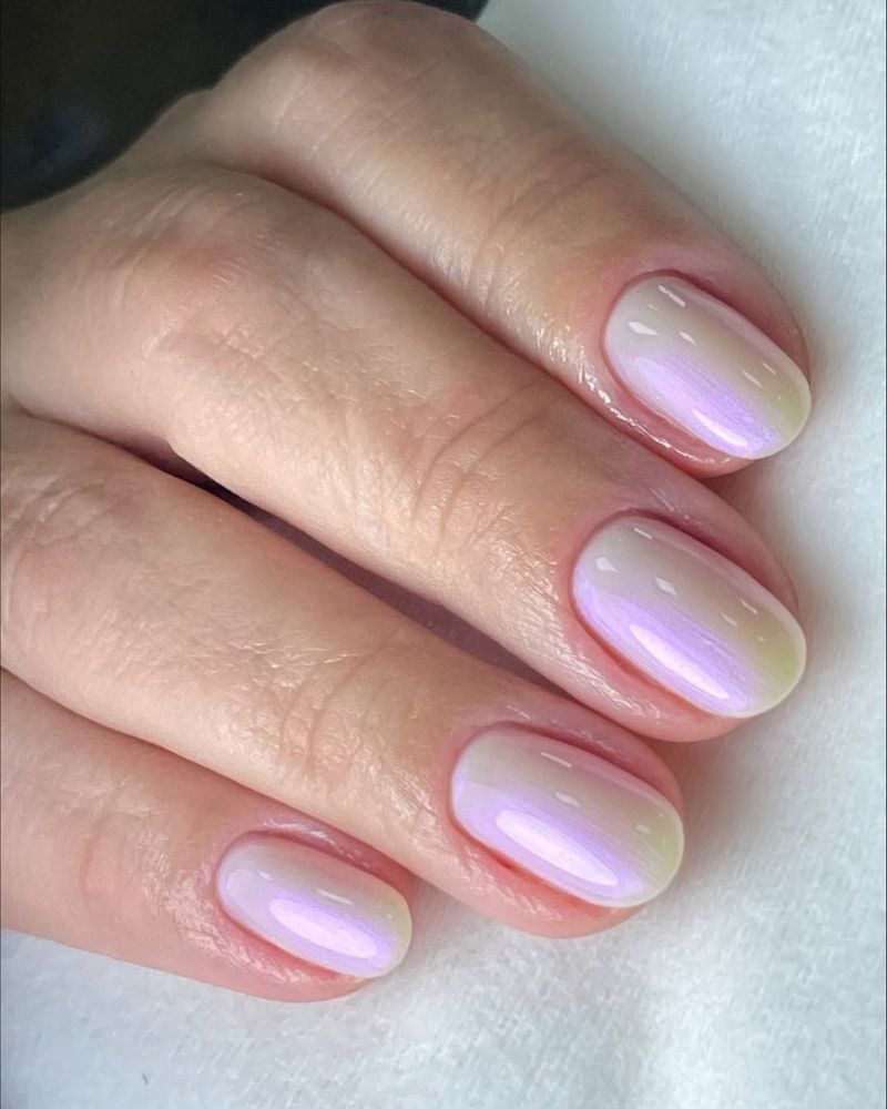 milky white nails with lavender chrome